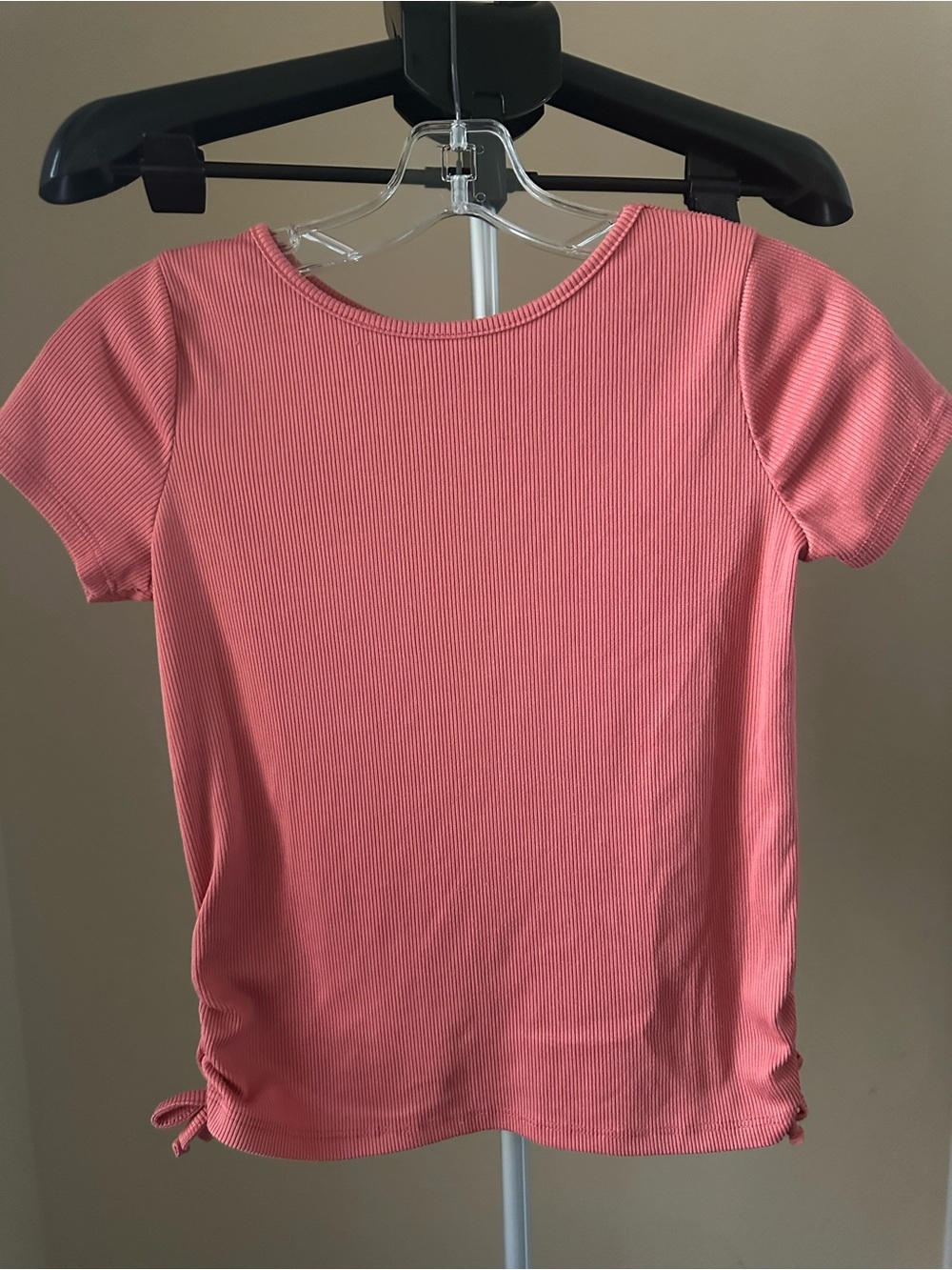 Girl’s' Coral Pink Ribbed Short Sleeve Top with Side Ties